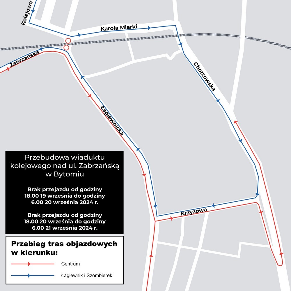 Mapa objazdów w dniach od 19 do 21 września w godzinach od 18:00 do 6:00